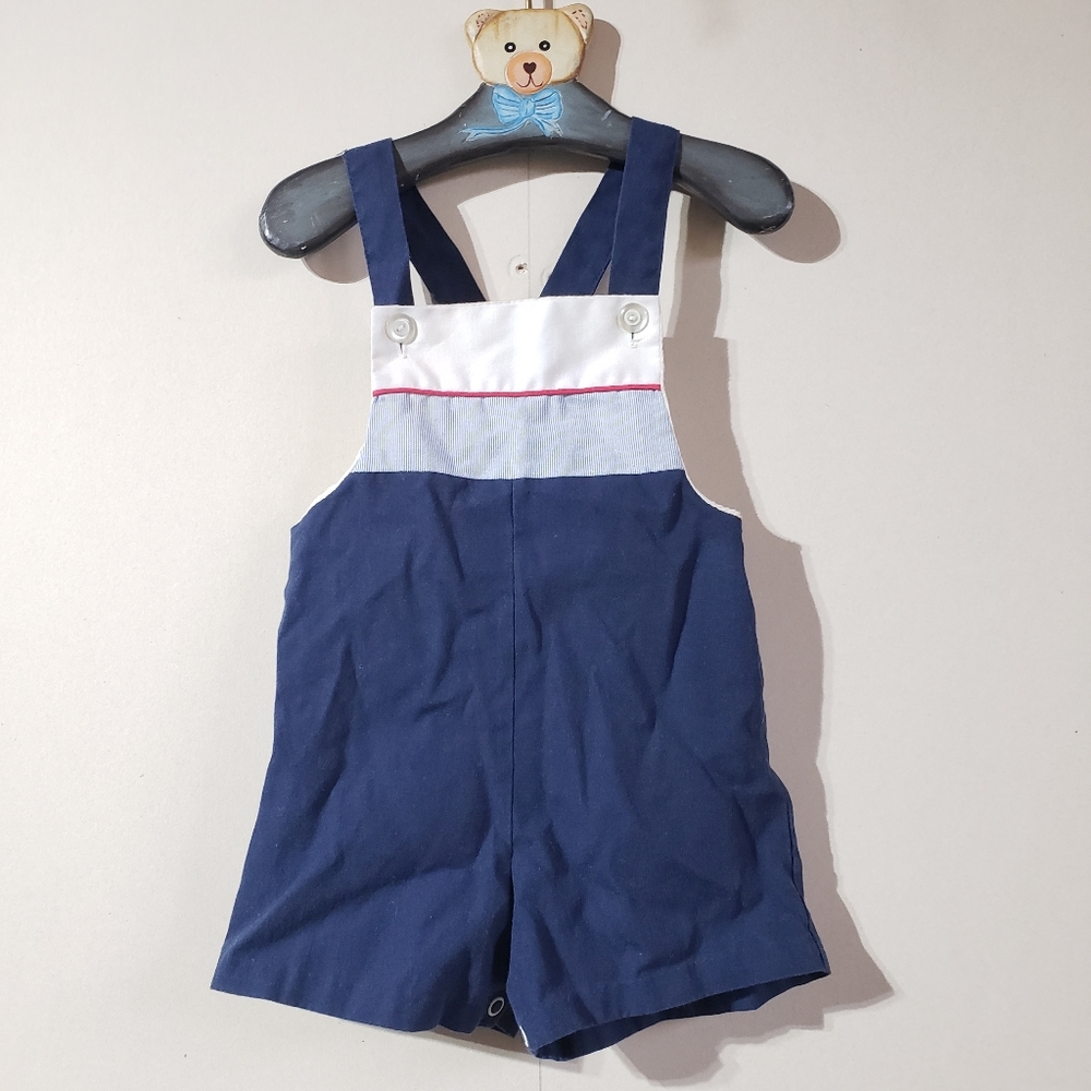 24 month navy blue red white striped vintage overall pants, unisex retro outfit